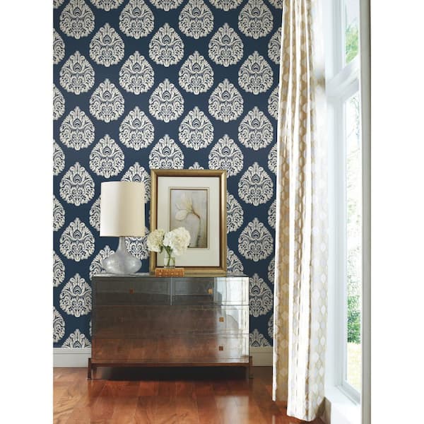 Ronald Redding Navy Teardrop Damask Paper Unpasted Matte Wallpaper (27 in. x 27 ft.)