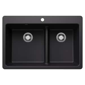Liven SILGRANIT 33 in. Drop-In/Undermount Double Bowl Granite Composite Kitchen Sink in Coal Black