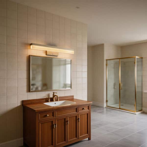 Eldridge 24 in. 1-Light Bushed Nickel LED 5CCT Vanity Light with Frosted Acrylic Shade and Sensor Operated Night Light