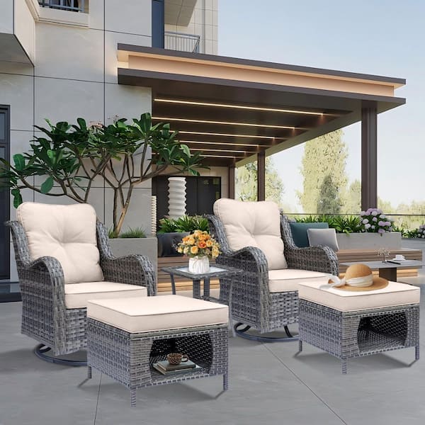 Gray 5-Piece Wicker Patio Conversation Set Swivel Rocking Chairs with Ottomans Side Table Beige Cushions