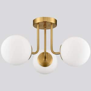 16.1 in. 3-Light Gold Modern Semi-Flush Mount with Frosted Glass Shade and No Bulbs Included 1-Pack