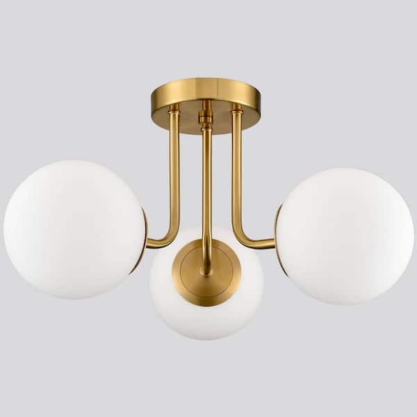 CLAXY 16.1 in. 3-Light Gold Modern Semi-Flush Mount with Frosted Glass Shade and No Bulbs Included 1-Pack