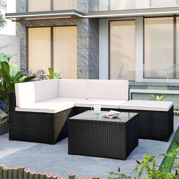 Tunearary Patio 5-Piece Rattan PE Wicker Outdoor Corner Sofa Set Furniture with Beige Cushion
