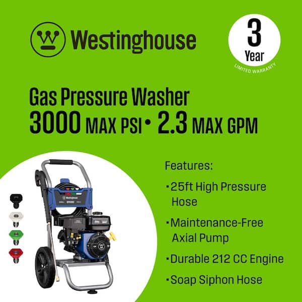3000 PSI 2.3 GPM Gas Powered Axial Cam Pump Cold Water Pressure Washer with 4 Quick Connect Tips