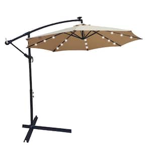 10 ft. Steel Outdoor Cantilever Umbrella With LED Lights and Cross Base in Tan