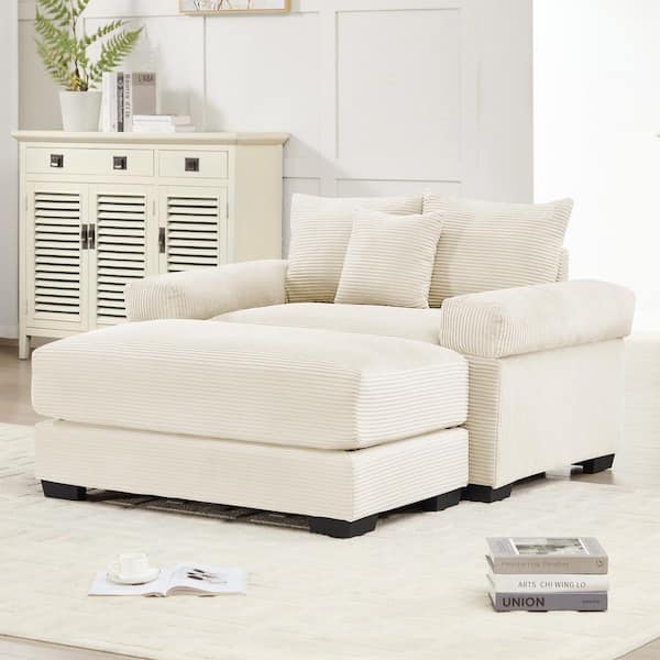 Regal 54.3 in. Square Arm Corduroy Upholstery Rectangle Sofa in Beige with Ottoman, Throw Pillows, Cream