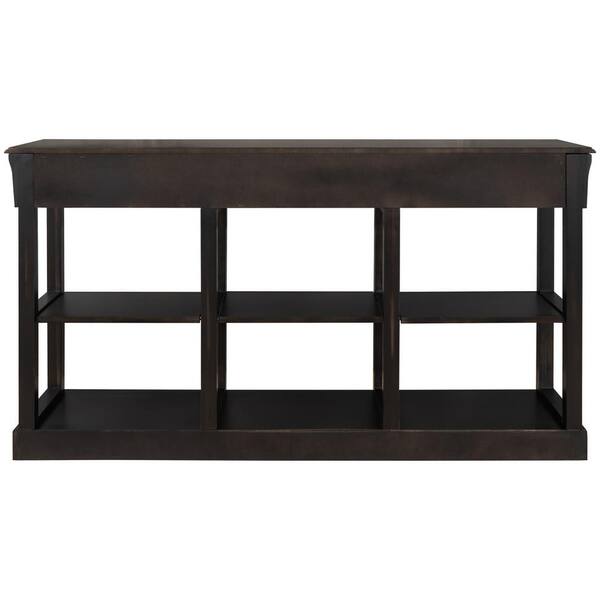 58 In. Black Rectangle Solid Wood Console Table With 3-Drawers And Open ...