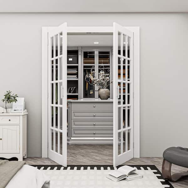 60 in. x 80 in. 15 Lite Clear Glass White Solid Core Glass French Door without Jamb Double Interior Door Slab+Ball Catch