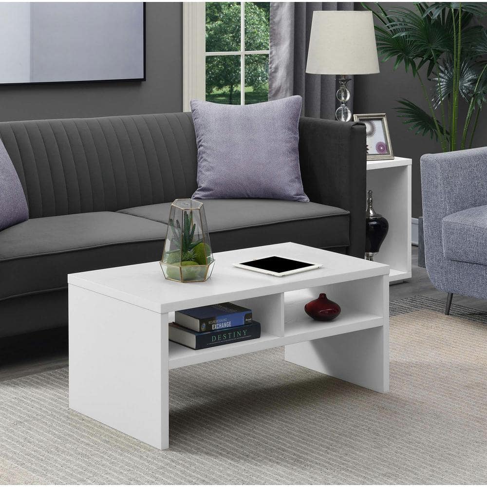 Modern Minimalist White Rectangular Coffee Table with Shelving
