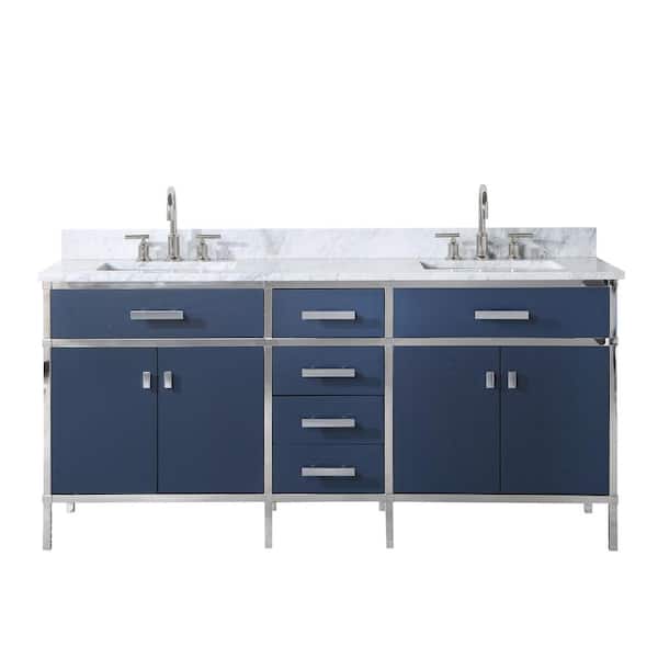 Water Creation Marquis 72 in. W x 22 in. D Vanity in Monarch Blue with Marble Top in White with White Basin