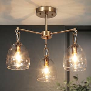 Modern 19.3 in. 3-Light Plated Brass Semi-Flush Mount with Bell Glass Shades