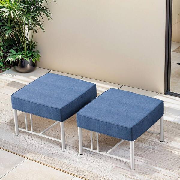 BINGDWEN 2-Piece White Metal Outdoor Ottoman Patio Footstool with 5 in. Olefin Blue Cushion for Backyard, Porch