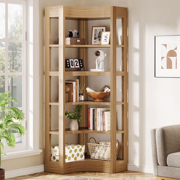 71 in. Tall Brown Engineered Wood 6-Shelf Corner Bookshelf, Accent Bookcase for Living Room, Bedroom