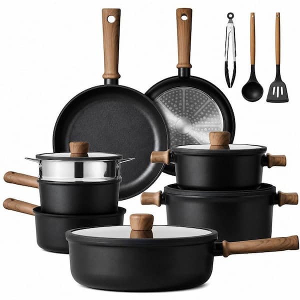 16-Piece Brown Aluminum Cookware Set with Lids, RV/Camping Cookware Set, Pots and Pans Set, Nonstick, Dishwasher
