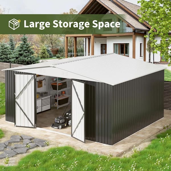 NETAJE 14 ft. W x 12 ft. D White Roof Metal Storage Shed with