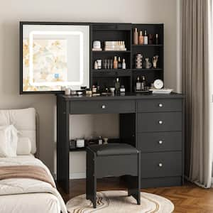 5-Drawers Black Wood LED Push-Pull Mirror Dresser with Stool and 3-Tier Storage Shelves 39.4 in. W