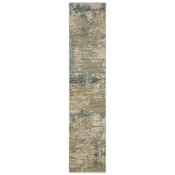 2 ft. x 12 ft. Beige Abstract Washable Area Rug