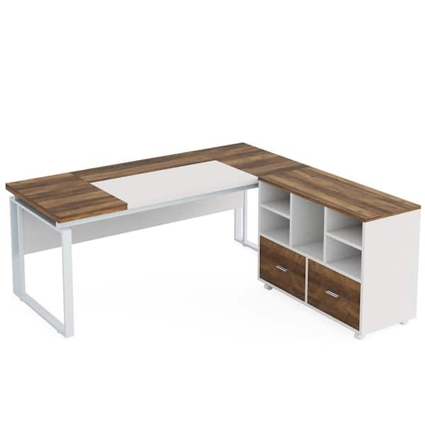 BYBLIGHT Capen 63 in. L Shaped Oak Karo & White Wood Executive Desk with Mobile Storage Drawers L Shaped Computer Desk
