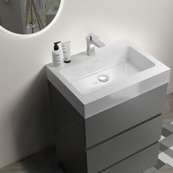FUNKOL 24.0 in. W x 18.1 in. D x 37 in. H Modern Simplicity Freestanding Bathroom Vanity with 3 Drawers, White Gel Sink in Gray