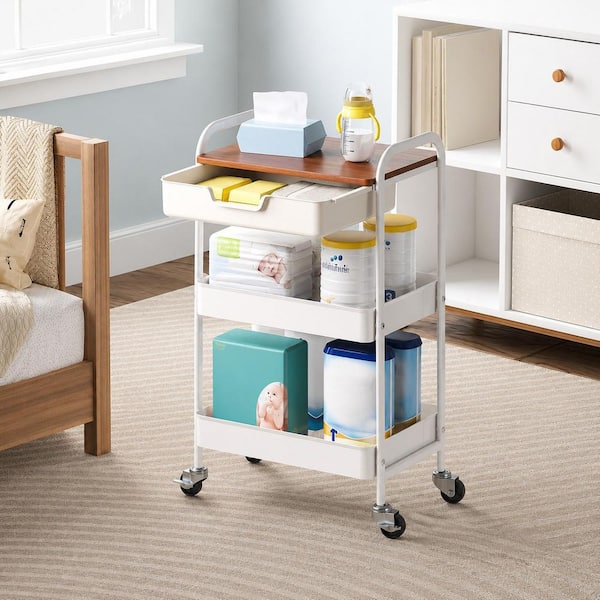 3-Tier White Metal Rolling Utility Cart with Drawer, Wood Top and Locking Wheels for Kitchen Storage