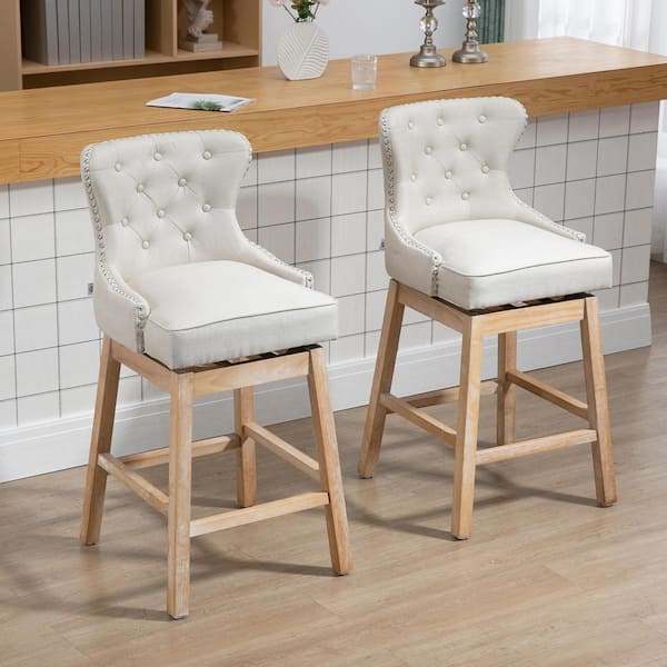 43.25" Cream White Wingback Rubberwood 30" Bar Chair with Polyester Seat, 2 Included