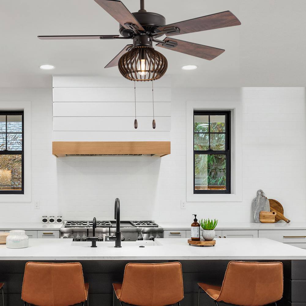 42-Inch Oil-Rubbed Bronze and Wood Caged Ceiling Fan with Light