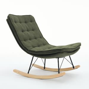 Outdoor Metal Lounge Chair, Lazy Rocking Chair Wide Backrest Wood Base with Dark Green Upholstered Cushion for Patio