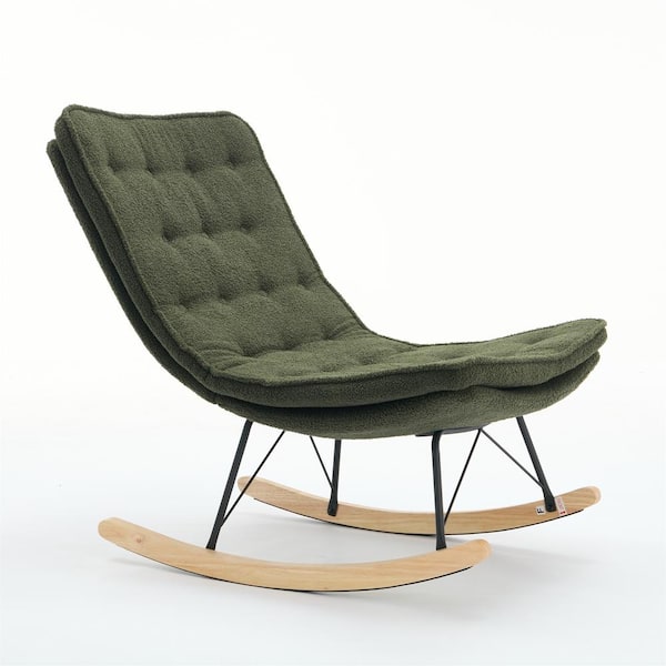 Zeus & Ruta Outdoor Metal Lounge Chair, Lazy Rocking Chair Wide Backrest Wood Base with Dark Green Upholstered Cushion for Patio