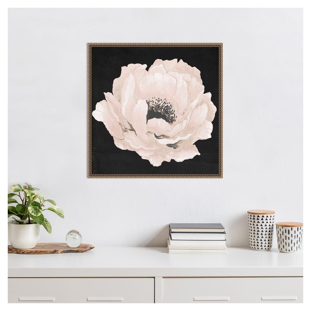 Pink Flower on Black Canvas with Beaded Frame 22 x 22-in.