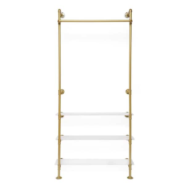 YIYIBYUS Gold Wall Mounted Iron Clothes Rack with 3 Wood Shelves 36.6 in. W x 78.74 in. H