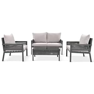 4-Piece Metal Patio Conversation Set with Grey Cushion for Backyard Porch Balcony