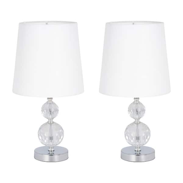 19 in. Silver Crystal Faceted Table Lamp Set and White Shade (Set of 2)