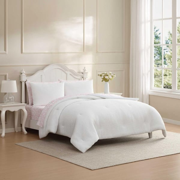 Waffle 7-Piece White/Pale Pink Microfiber Full/Queen Bed in a Bag