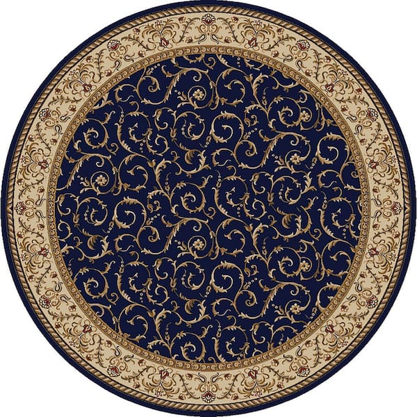 Como Navy 8 ft. Round Traditional Floral Scroll Area Rug