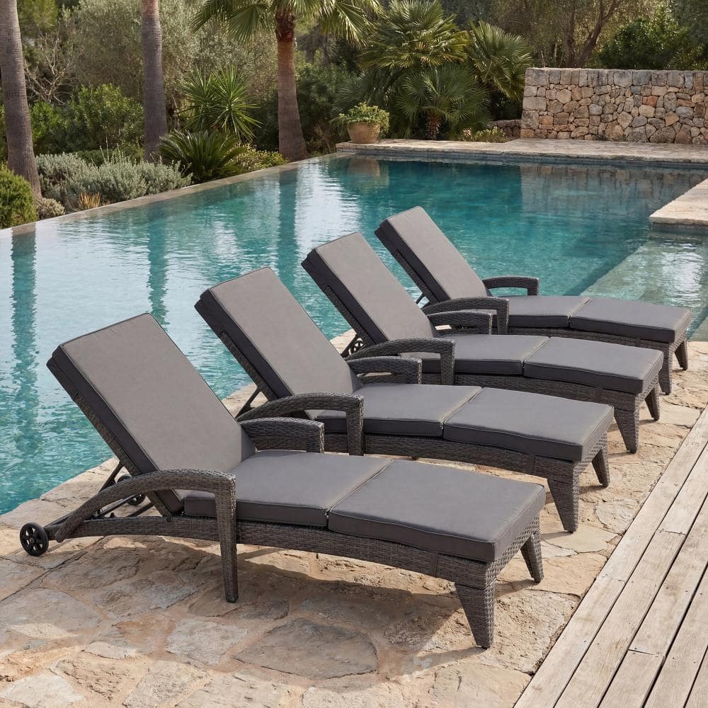Patio Grey Wicker Outdoor Chaise Lounge with Wheels, Reclining Armrests and 4-Position Adjustable Backrest (4-Pack) price history on PriceWatchPro