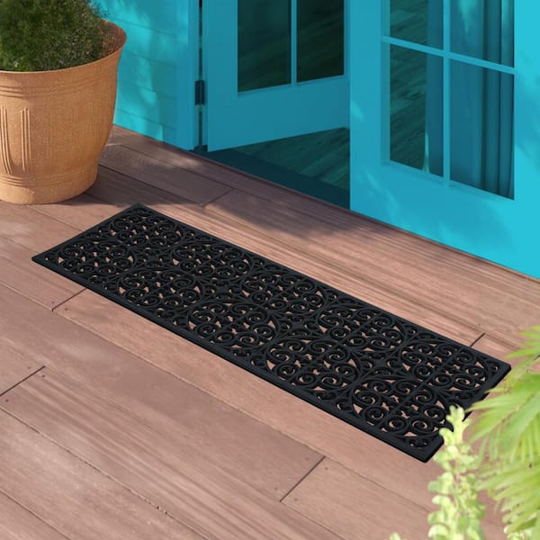 Grill Indoor/Outdoor Black 18 in. x 48 in. Rubber Easy to Clean All Weather Exterior Doors/Large Size Double Door Mat