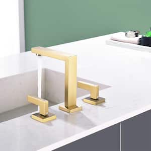 8 in. Widespread Double Handles High Arc Bathroom Faucet with CUPC Water Supply Hose in Brushed Gold