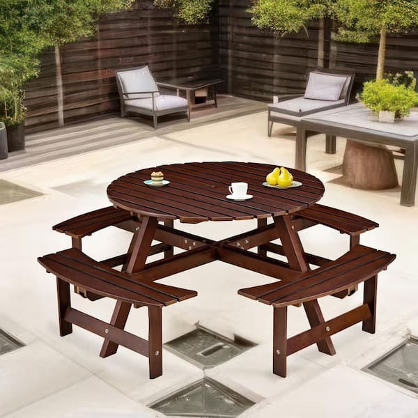 70 in. Brown Outdoor Round Picnic Table Seats 6-People with Umbrella Hole and Wooden Kit 3 Built-in Benches