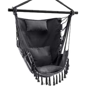 3.5 ft. Hammock Chair, Hanging Rope Swing, Head Pillow, 2 Cushions, Side Pocket, Removable Steel Spreader Bar in Black
