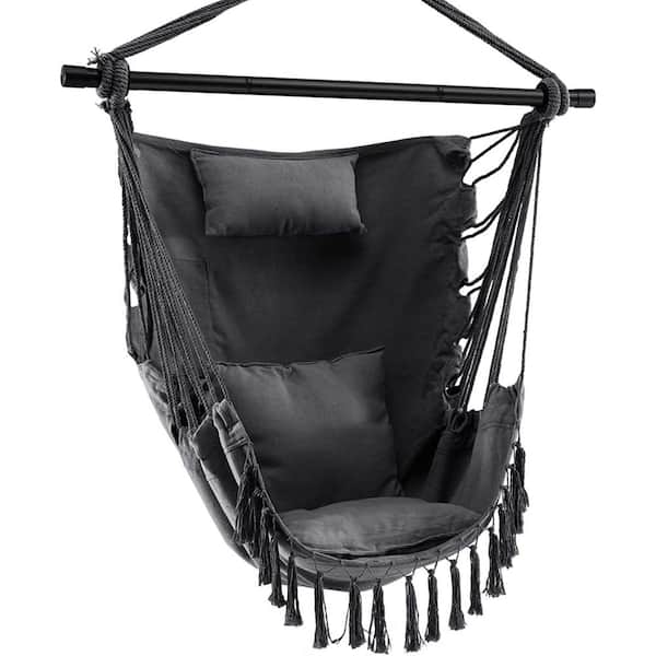 AFAIF 3.5 ft. Hammock Chair, Hanging Rope Swing, Head Pillow, 2 Cushions, Side Pocket, Removable Steel Spreader Bar in Black