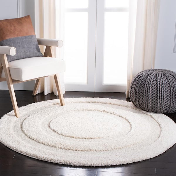 Florida Shag Cream 5 ft. x 5 ft. Round Border Area Rug