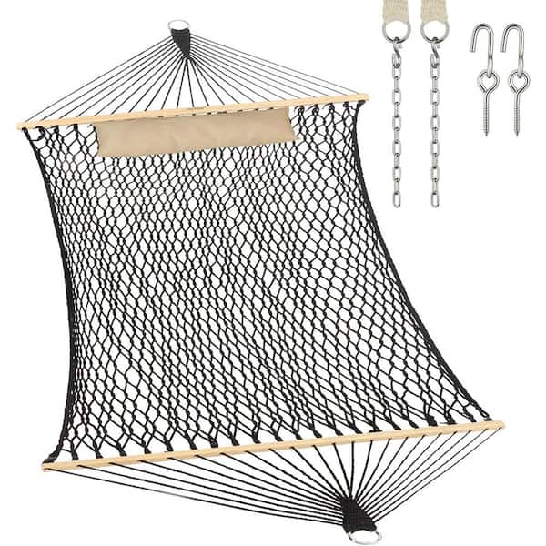 Unbranded 6.5 ft. Traditional Rope Double Hammock Hand Woven Cotton with Hardwood Spreader Bar and Pillow in Black