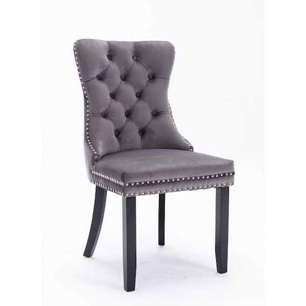 Unbranded Gray Velvet Tufted Nailhead Trim Dining Chair (Set of 2)