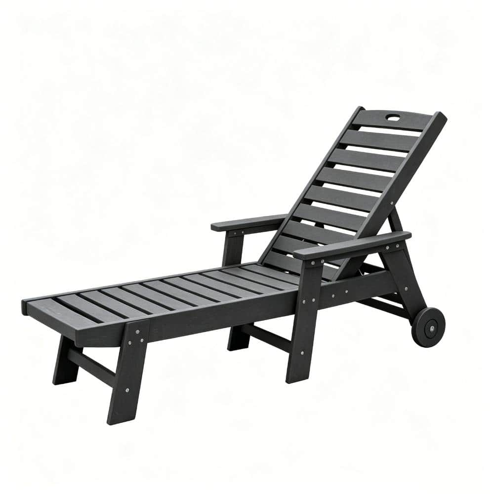 Oversized HDPE Chaise Lounge Chair with 5 Positions Wheels Cup Holder Wood Texture for Pool Deck Patio Grey price history on PriceWatchPro