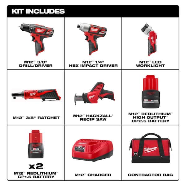 M12 12V Li-Ion Cordless Combo Kit (5-Tool) with (2) 1.5Ah Batteries, (1) High Output 2.5 Ah Battery Pack, Charger & Bag