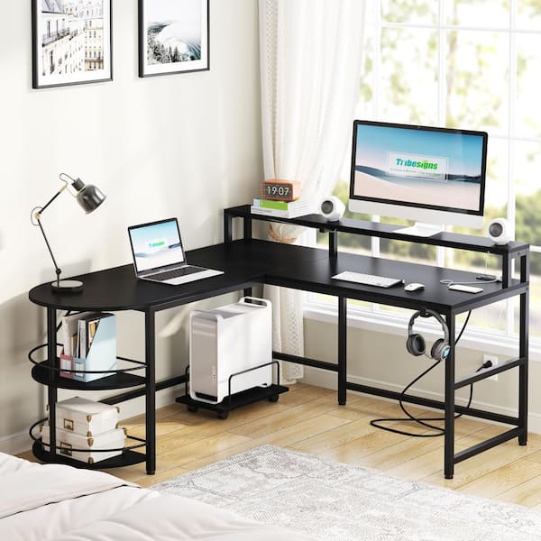 58 Computer Office Desk with LED Light & Bookshelf Bedroom L