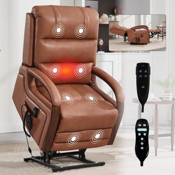 Caramel Ergonomic Dual Motor Genuine Leather Power Lift Recliner with Solid Wood Armrests, Massage and Heat