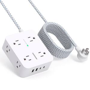 10 ft. 8-Outlet Flat Plug Extension Cord Power Strip Surge Protector in White with 4 USB Ports