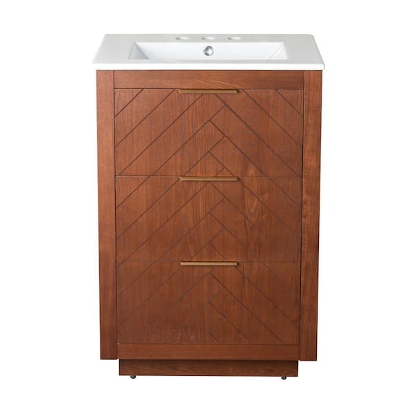 Swiss Madison Daxton 24 in. Freestanding Bath Vanity in Brown Oak with White Ceramic 3-Hole Centerset Sink Top