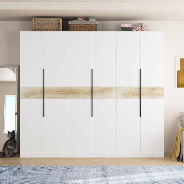 FUFU&GAGA White Wood 94.4 in. W 6-Door Bedroom Armoire Large Wardrobe Closet Cabinet with 5 Hanging Rods, Drawers, Storage Shelf